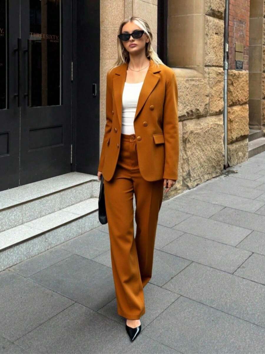 Zalla Blazer And Palazzo Pants Set With Lining And Decorative Button - Camel - View 1