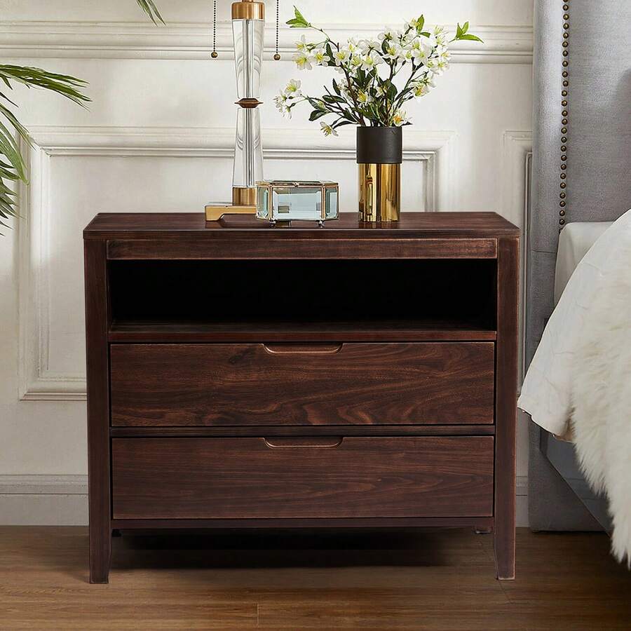 Drawer Cabinet, Side Table, Bedside Table, Storage Table, Brown P2 Density Board + Solid Wood Veneer Frame 75*40*61CM Two Drawers With Upper Compartment Bedside Table Mid-Century Modern - 棕色 - 查看 1