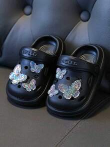 HAHABOBO 1 Pair Kids Cute Black EVA Clogs, Adjustable Heel Strap Anti-Slip Sandals, With 3D Shiny Butterfly Decoration, Breathable Summer Beach Pool Shoes, Girls Style - Black - View 3