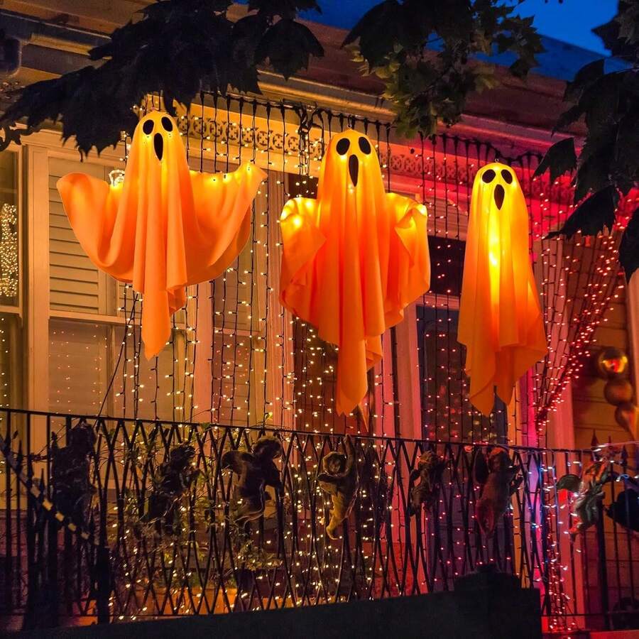 3PCS Ghost Halloween Decorations Outdoo,Halloween Decor Scary Hanging Lighted Ghost For Front Door Porch Yard Tree Halloween Hanging Decorations Outdoor