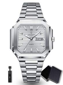 POEDAGAR Luxury Square Stainless Steel Date Day Quartz Wristwatch, Business Waterproof Luminous Men's Watch, Casual Men's Wristwatch, Suitable For Daily Occasions, Men's Birthday Gift