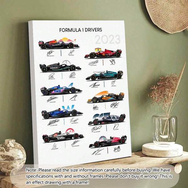 1 pieza Póster con firma de piloto de F1 que presenta 1 automóvil de carrera de 2023 y autógrafos, perfecto para fans de F1 y decoración de habitación de niños, decoración de habitación de F1 | Póster de carreras | Arte de pared de F1 (Marco opcional)