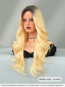 24 Inch Long Wavy Golden Ombre Wig For Women Heat Resistant Fiber Middle Part Hairpiece Dark Roots,Natural Synthetic Full Machine Hair Wigs For Daily Music Festival Party Wear, Cosplay Halloween & Street Photography Use - 漸變金色 - 查看 3