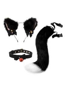 Diadema con orejas de gato para cosplay, decoración de cola de gato, accesorios para el cabello hechos a mano con orejas de neko mimi lindas, conjunto de disfraz de cola peluda, Halloween