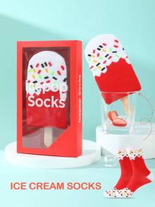 1 par de calcetines con diseño de helado en caja de regalo, nueva llegada de otoño/invierno 2025, unisex, diseño creativo inspirado en alimentos, de tela de punto, altos y gruesos, suaves y cómodos, regalo perfecto para volver a la escuela, cumpleaños, Acción de Gracias, Halloween, Navidad, Carnaval, Día de San Valentín, reunión familiar, fiesta, calcetines de moda únicos para todas las estaciones, ideales para parejas, amigos, vacaciones, al aire libre, gimnasio, hogar, oficina y talla grande, otoño