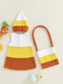 Girls Halloween Costume Set Sleeveless O Neck Striped Dress Hat Shoulder Bag For Party Cosplay