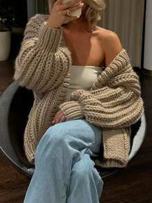 Live To Mo Fall Women Clothes Wear Mid-Length Dropped Shoulder Coarse Knit Cardigan Suitable For Back To School Eacher Outfits For Women Clothing Casual And Going Out Outfits - Brown - View 9