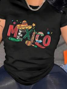Camiseta Manga Corta Cuello Redondo Estampado Mexico Sombrero Bandera Septiembre Mujer - Negro - Ver 1