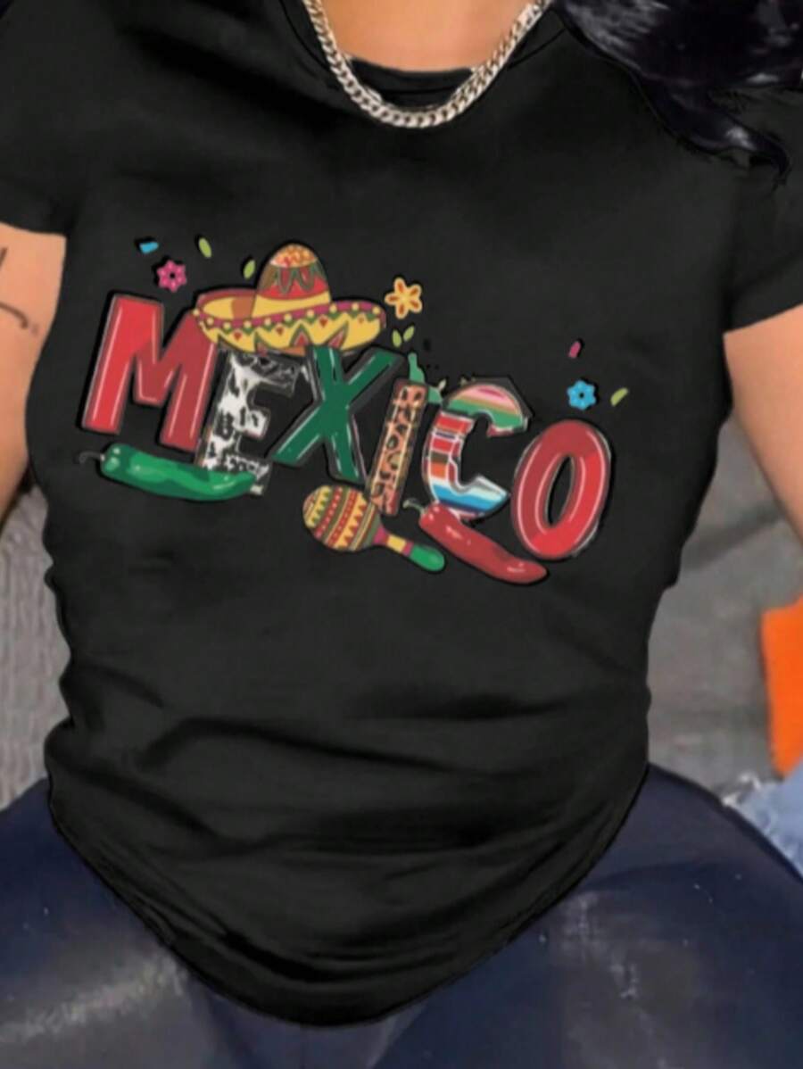 Camiseta Manga Corta Cuello Redondo Estampado Mexico Sombrero Bandera Septiembre Mujer - Negro - Ver 1
