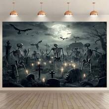 Telón de fondo plano 2D de cementerio de terror, esqueleto de luna llena de tela de poliéster, accesorio fotográfico reutilizable, adecuado para Halloween, bodas, cumpleaños, aniversarios, bar/bat , decoración del hogar multiusos