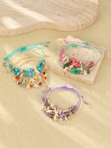 12 件海洋海滩元素海星、绿松石珠、贝壳、小海螺编织手链 - 多色2 - 查看 4