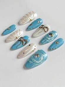 10 件浅蓝色手工按压指甲，杏仁形手工假指甲，3D 贝壳，蝴蝶结，太阳装饰，适合女孩和女士日常使用，节日指甲装饰，含果冻胶和指甲锉 美甲用品 - 淺藍色 - 查看 4