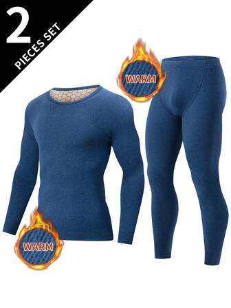 2pcs Men's Thermal Underwear Set, Crew Neck Top + Pants, Autumn/Winter