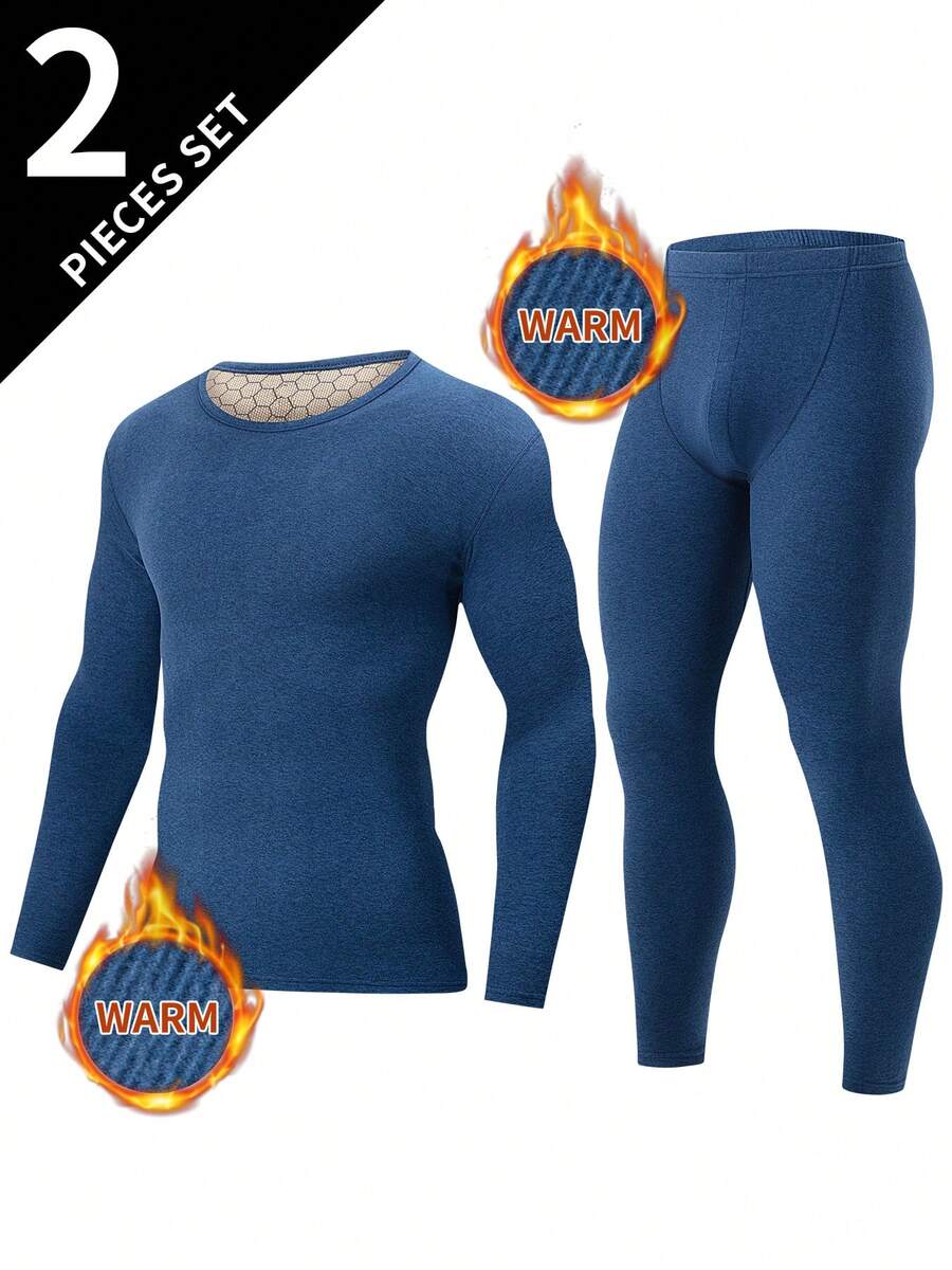 2pcs Men's Thermal Underwear Set, Crew Neck Top + Pants, Autumn/Winter