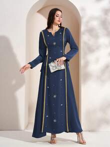 Gaun Maxi Arab Lengan Panjang Elegan dengan Leher Berlekuk dan Tali Pengikat untuk Wanita (Panel Depan Berhiaskan Pita Manik-Manik, Acak, Mungkin Tidak Sampai ke Bagian Atas) - Royal Blue - View 7