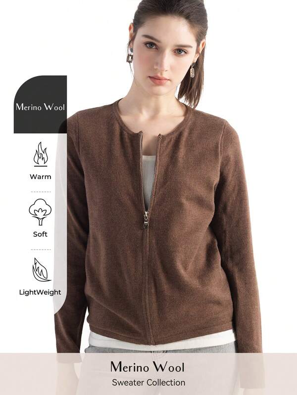 Women's Merino Wool Cardigan Sweater 2025 Fall Winter Crew Neck 2 In 1 Zipper Cardigan Long Sleeve Knit Top