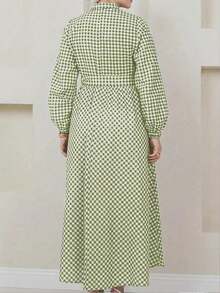 女士格子清爽长袖阿拉伯连衣裙 春季 - 綠色 - 查看 3