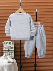 Baby Girl Casual Dinosaur Print Crew Neck Sweatshirt And Pants Set, Autumn/Winter