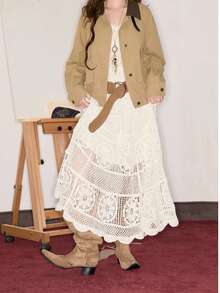 Guipure Lace A-Line Skirt - Flowy, Casual, Solid-Colored, Smock Waist Women's Fashion Clothing For Everyday Wear - Apricot - View 3