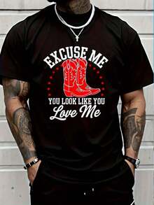 100% Cotton Excuse Me You Look Like You Love Me Cowboy Shoes T-Shirt.Jpg Men's Women's Vintage Summer Vacation Tops Graphic Tee - 黑色 - 查看 1