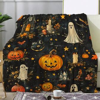 Manta de franela vintage de Halloween - Suave y acogedora con estampado de fantasmas y calabazas, adecuada para sofá, cama, oficina, viaje, regalo de temporada - Todo el año, tejida, impresión digital, 100% poliéster