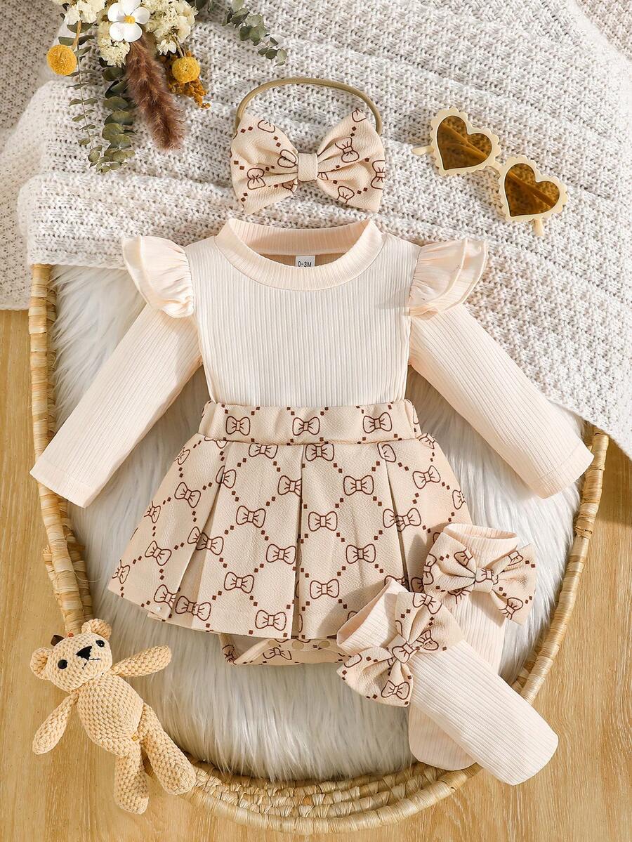 Baby Girls' Ribbed Ruffle Hem Bow Decor Bodysuit, Cute Infant Bodysuit With Socks And Headband Set - Apricot - View 1