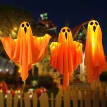 3PCS Ghost Halloween Decorations Outdoo,Halloween Decor Scary Hanging Lighted Ghost For Front Door Porch Yard Tree Halloween Hanging Decorations Outdoor - Orange - View 6