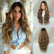 24 Inch Long Wavy Ombre Golden Brown Wig For Women Heat Resistant Fiber Middle Part Hairpiece Dark Roots,Natural Synthetic Full Machine Hair Wigs For Daily Music Festival Party Wear, Cosplay Halloween & Street Photography Use - 漸層棕色 - 查看 12