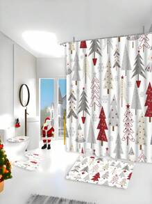1/3/4 Pcs Christmas Tree Shower Curtain Set, Bathroom Decor Set Includes Waterproof Shower Curtain, Non-Slip Bath Mat, Toilet Seat Cover, Bath Rug And 12 Plastic Hooks, Bathroom Accessories, Home/Bar/Live Streaming Decor