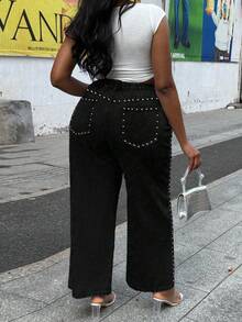 Plus Size Women Loose Straight Leg Jeans With Rivets - Black - View 3