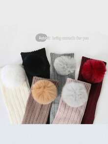 1 Pair Thick Warm Fuzzy Ball Mid-Calf Socks, Autumn/Winter