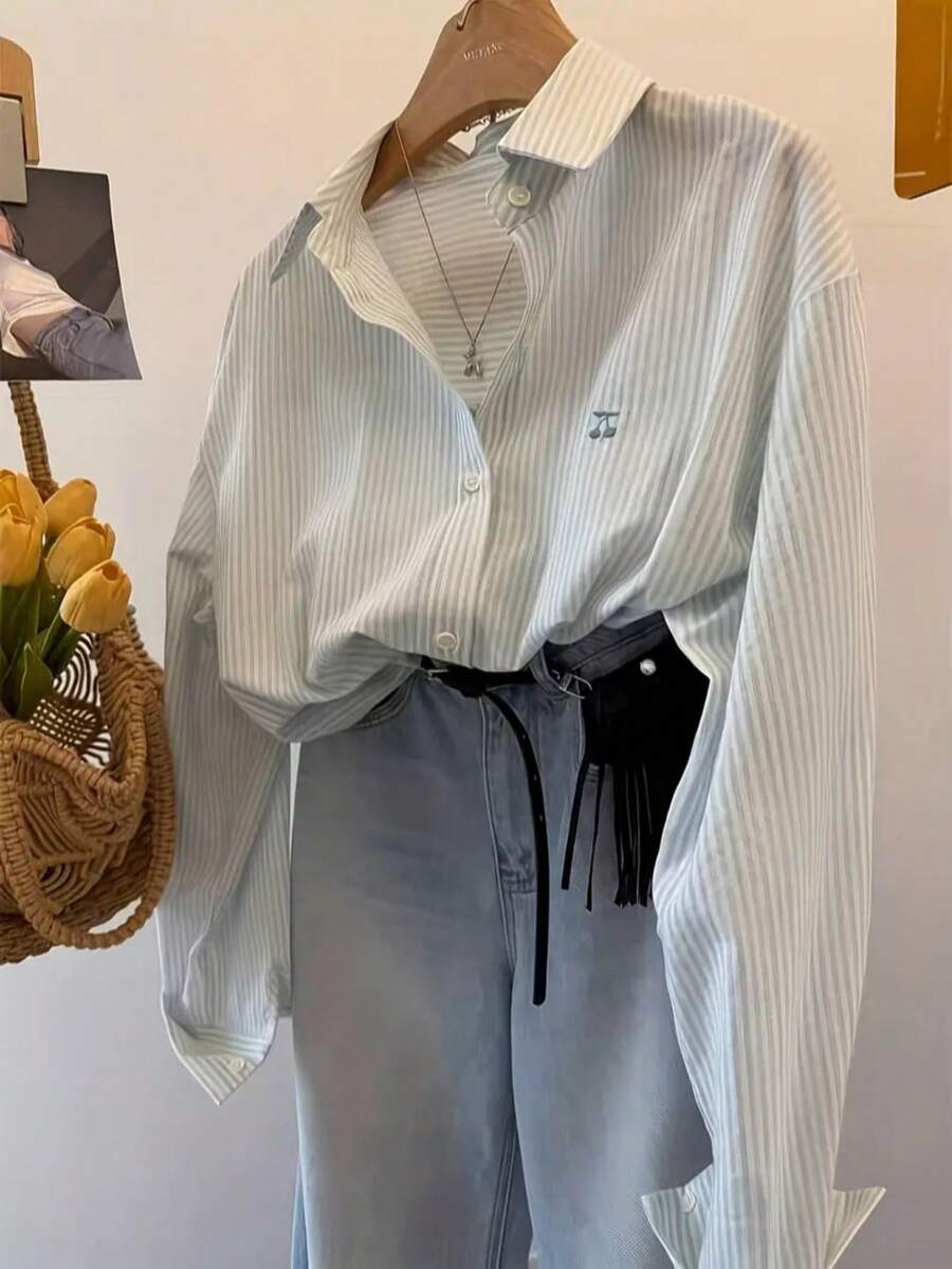 Cherry Embroidery Vertical Striped Light Blue Long Sleeve Button-Down ...