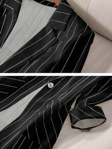 Blazer décontracté rayé à un bouton et manches 3/4 pour femmes, printemps/été - Noir - Voir 4