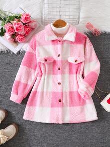 Tween Girl Plaid Long Jacket With Collar, Fashion Stylish Fleece Outwear, Autumn/Winter - Pink - View 1