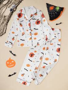 Halloween Pumpkin & Bat Print Pocket Front Button Long Sleeve Top & Pants Pajama Set For Women, Fall Winter Clothes - White - View 4