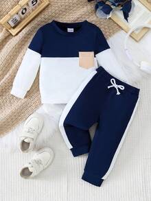 2pcs Baby Boy Casual Colorblock Long Sleeve Sweatshirt And Faux Drawstring Pants Set, Autumn