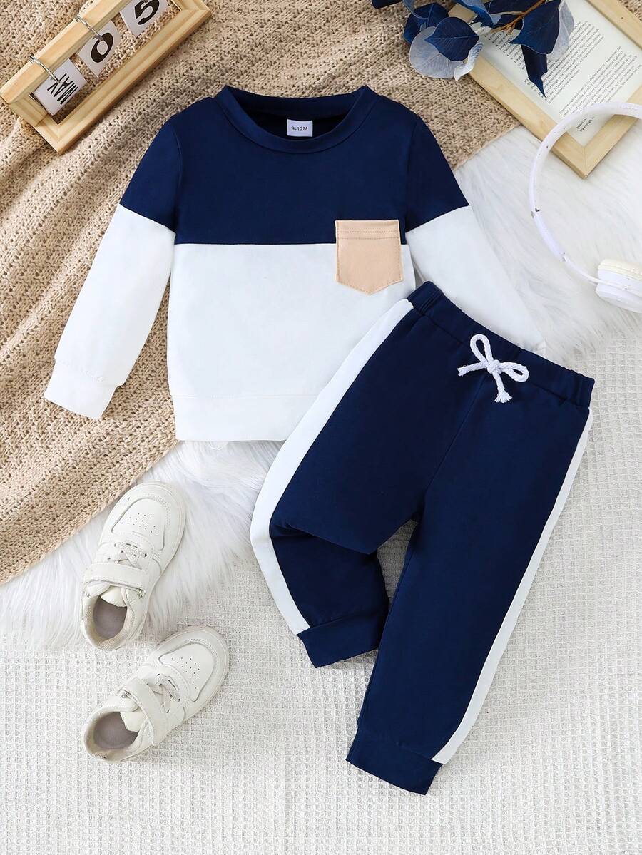 2pcs Baby Boy Casual Colorblock Long Sleeve Sweatshirt And Faux Drawstring Pants Set, Autumn