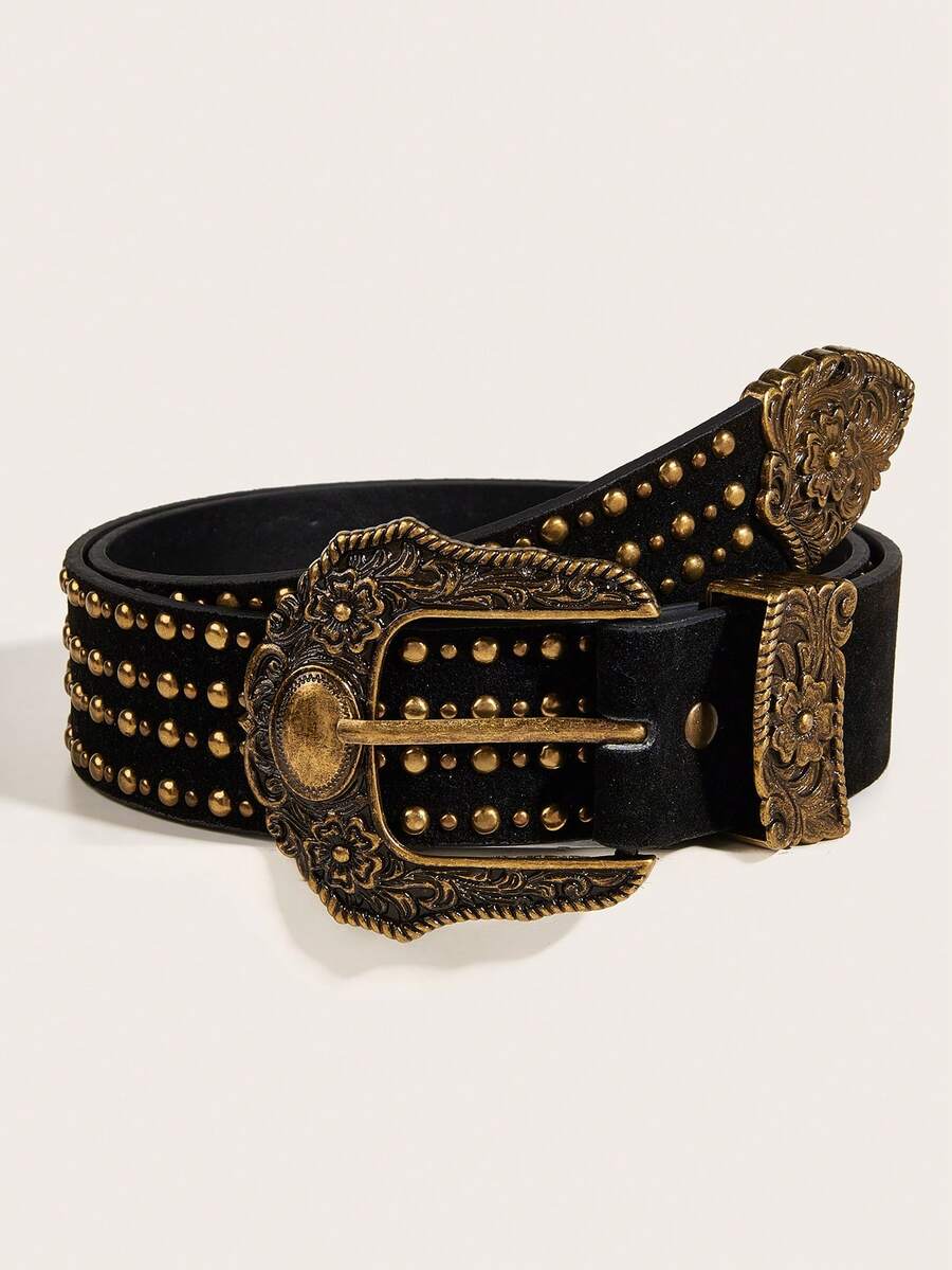 1 件女士新款黑色 Bull Street PU（聚氨酯）腰带，手工压花 PU 外套连衣裙，百搭西式风格，适合日常使用 - 黑色 - 查看 1