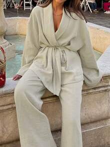 Women's Fashion Drawstring Waist Long Sleeve Cardigan Shirt & Wide Leg Pants Set, Solid Color Casual Summer Outfit Spring - Apricot - View 5