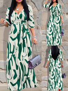 Deep V-Neck Elegant Short Sleeve Dress, Women Summer Clothing - Green - View 4