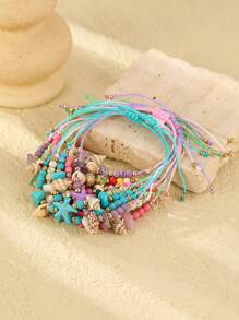 12 件海洋海滩元素海星、绿松石珠、贝壳、小海螺编织手链 - 多色2 - 查看 2