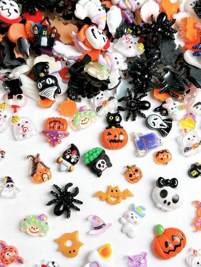 20/100/200pcs-Halloween Mini Resin Figures Tiny Resin Animals Little Small Figures To Hide Pumpkin Ghost Skull Miniatures Bulk For Halloween Party Favors Bag Fillers Garden Dollhouse Decor