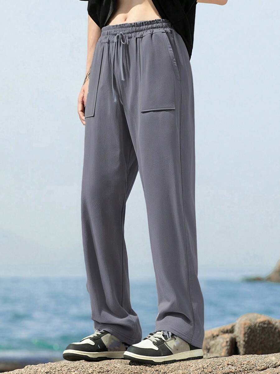 Men's Drawstring Linen Pants With Pockets Stylish Solid Casual Mid Rise Wide Leg Trousers For Spring/Autumn - Grey - View 1