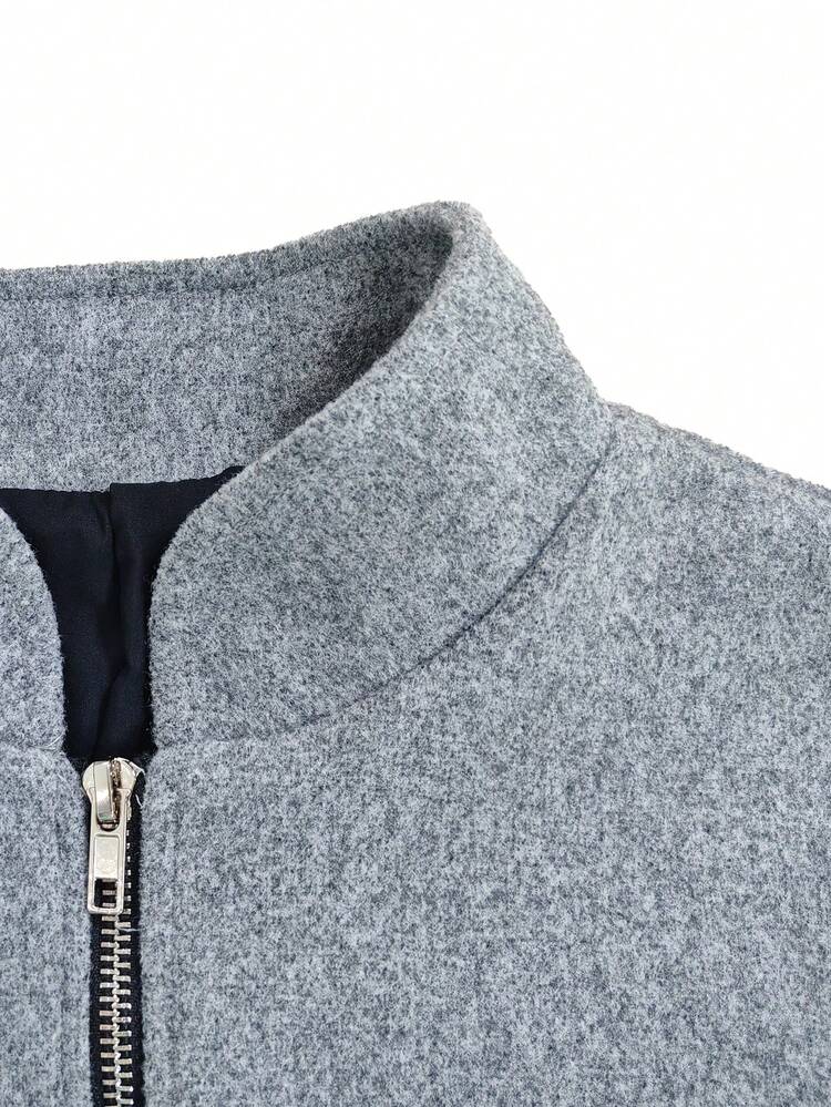 女士休闲时尚拉链日常百搭夹克，下摆褶皱宽松长袖保暖夹克；时尚立领褶皱宽松短款大衣，秋冬 - 灰色 - 查看 7