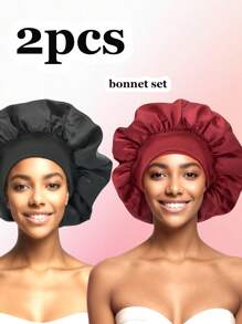 2 件套帽子套装，黑色及多种颜色组合，丝绸帽子，缎面帽子，丝绸睡眠发帽，大号帽子，柔软时尚睡帽和日常护发帽。