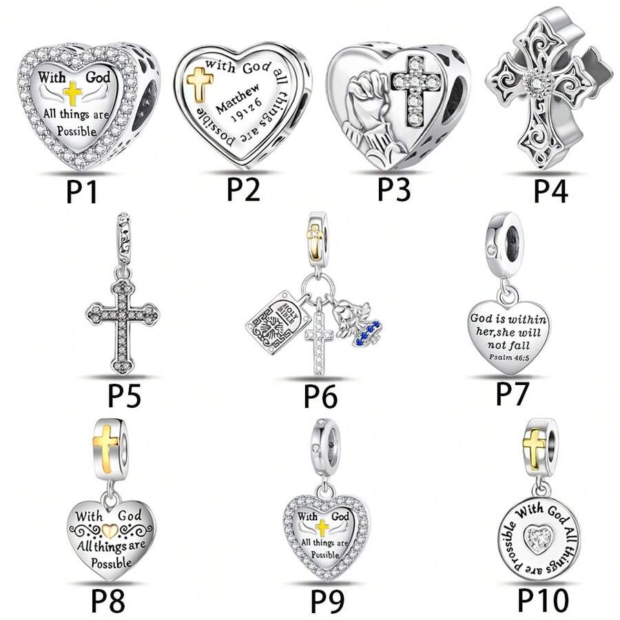 1 pieza Colgante con cruz y corazón plateado en plata de ley 925, adecuado para pulsera, collar DIY y uso diario de mujer