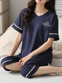 2pcs Women's Short Sleeve Top & Pants Pajama Set, Soft & Comfortable Sleepwear, Two Pieces Set Outfit - Navy Blue - View 1