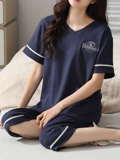2pcs Women's Short Sleeve Top & Pants Pajama Set, Soft & Comfortable Sleepwear, Two Pieces Set Outfit