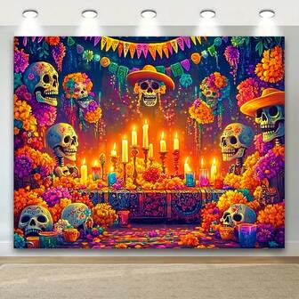 2D-färgglad Day of the Dead-banderoll, Day of the Dead-festdekoration med julskallar, ljus och blommor, lätt att hänga upp polyestertyg