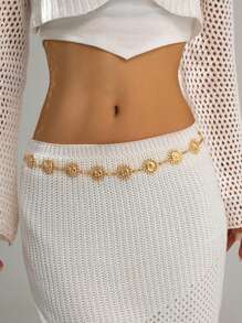 1pc Minimalist Gold Bohemian Style Sunflower & Smiling Face Waist Chain, Suitable For Wedding, Party, Events - Gold - View 1
